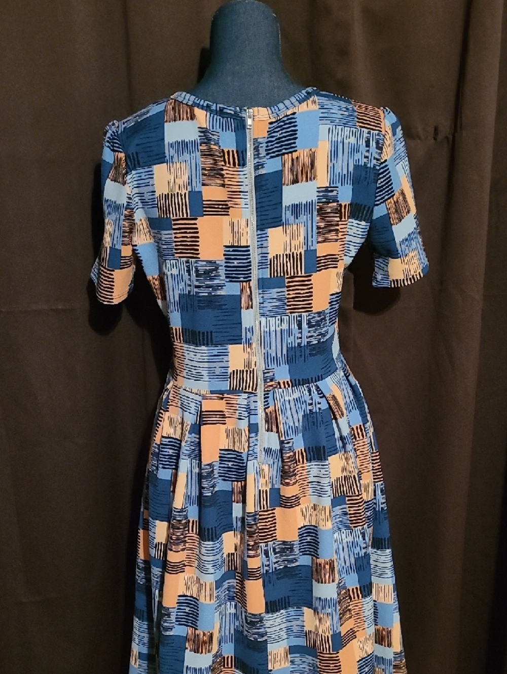 LuLaRoe Blue and Tan Geometric Midi Dress Melanie - Picture 3 of 4